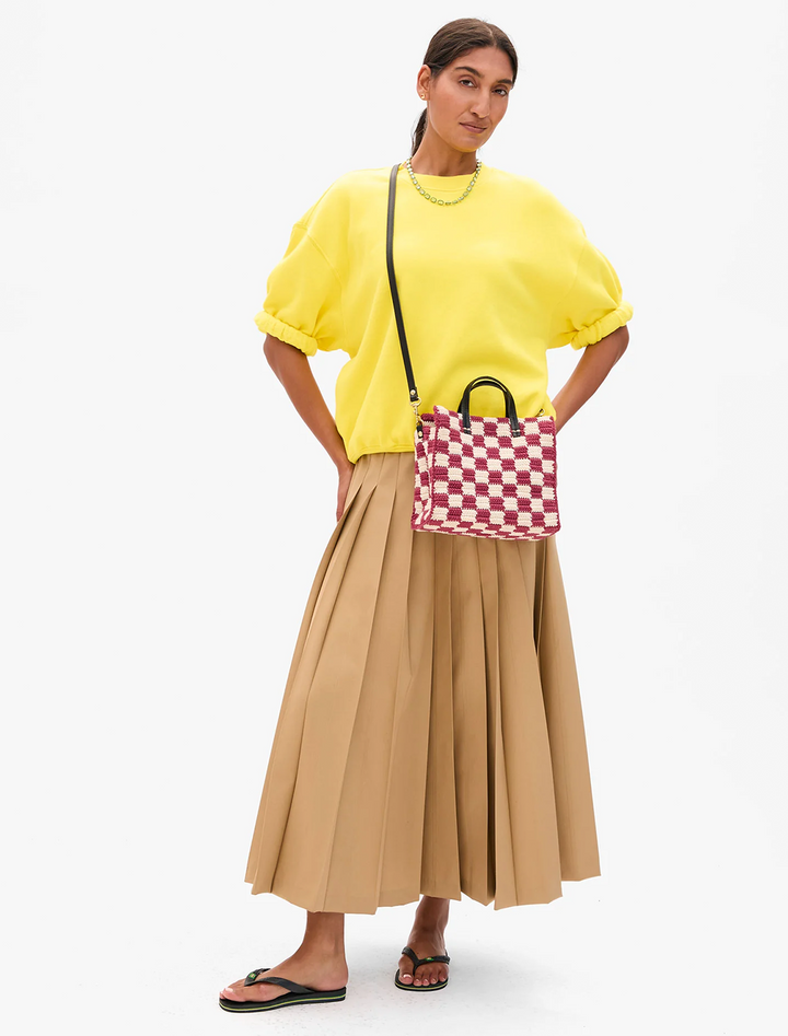 petit summer simple tote in plummy and cream checker