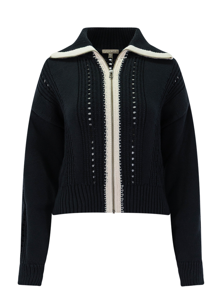 contrast collar zip cardigan in black