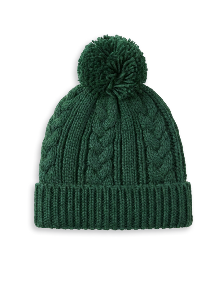 cable knit pom beanie in emerald