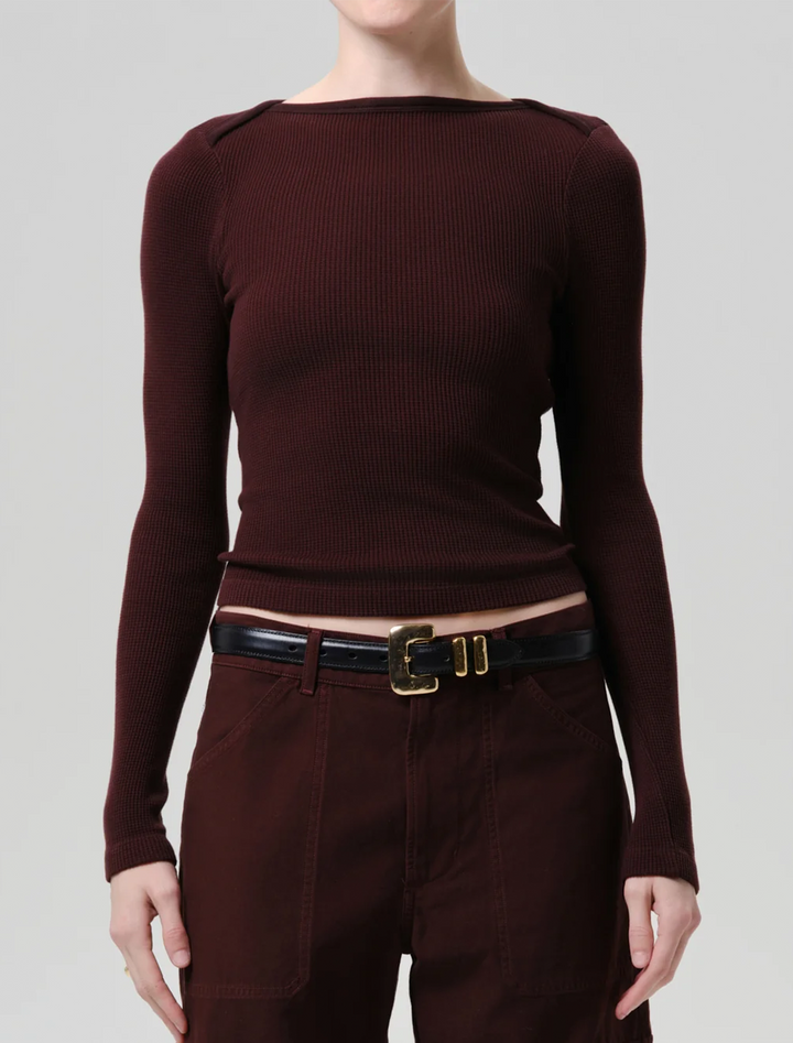 long sleeve baby waffle tee in mahogany