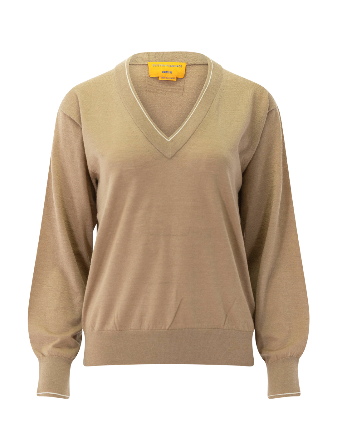 the airy v neck in camel and cream