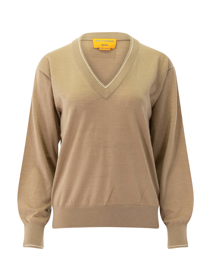 the airy v neck in camel and cream