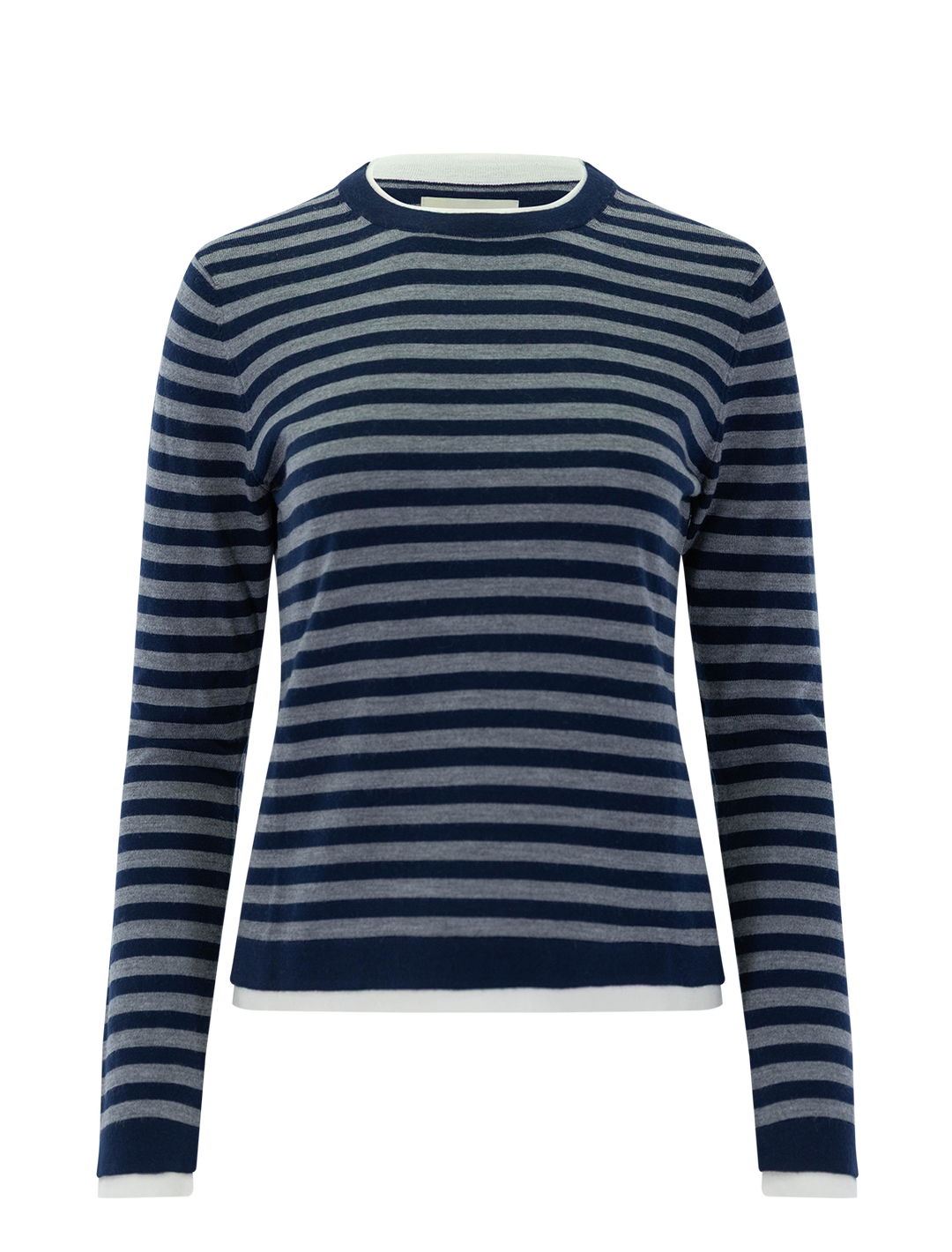 double trim crew in navy and grey stripe