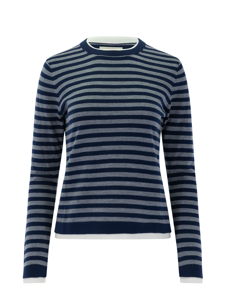 double trim crew in navy and grey stripe