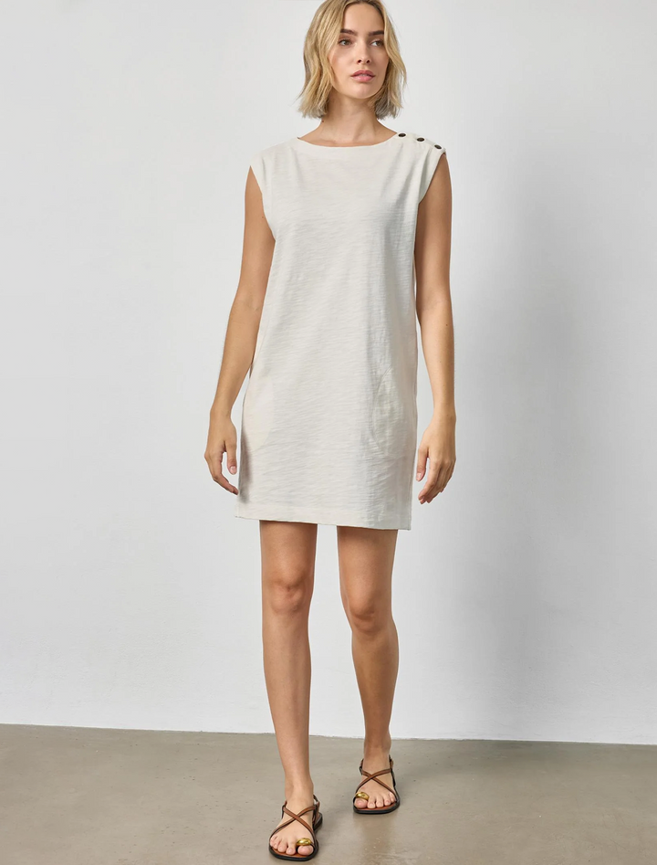 snap shoulder boatneck dress in ecru