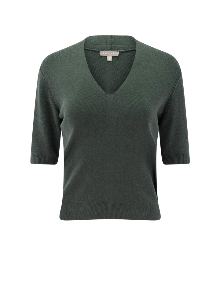 v neck elbow sleeve sweater in balsam
