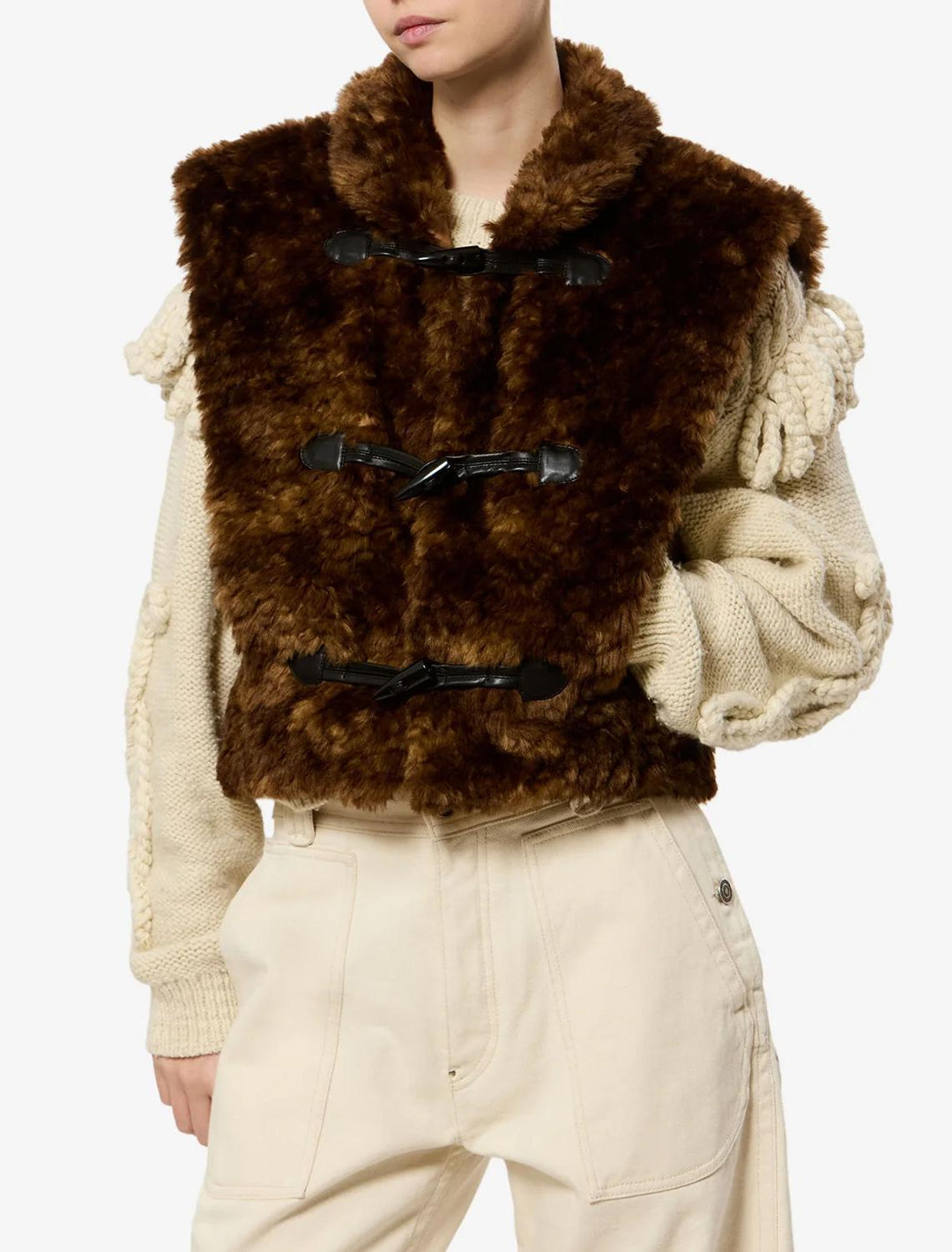 jocya shaggy faux fur vest in brown