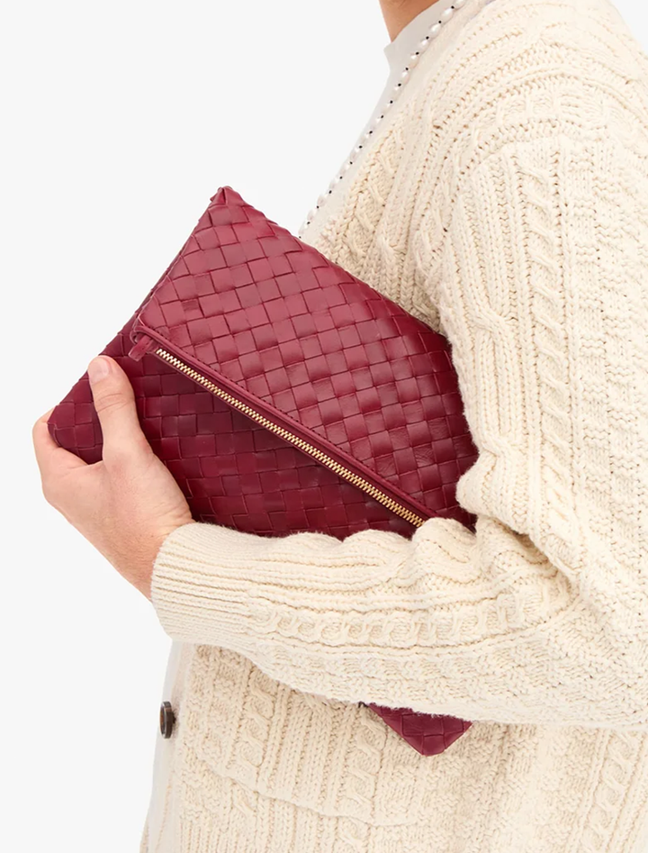 foldover clutch in garnet woven