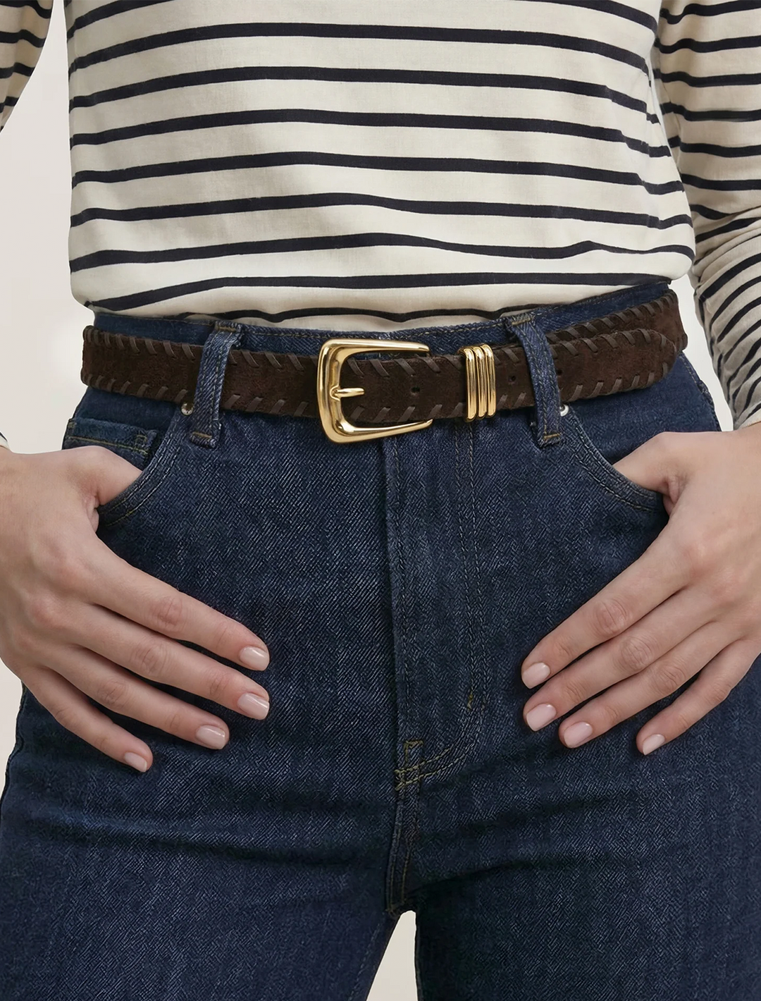 suede whipstitch arch belt in espresso