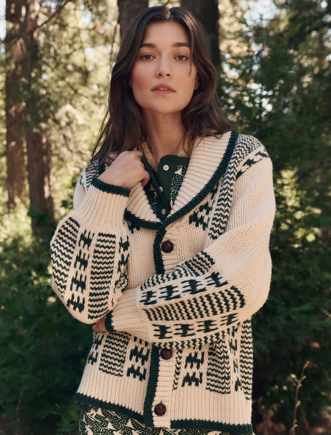 the chalet cardigan in cream and forest