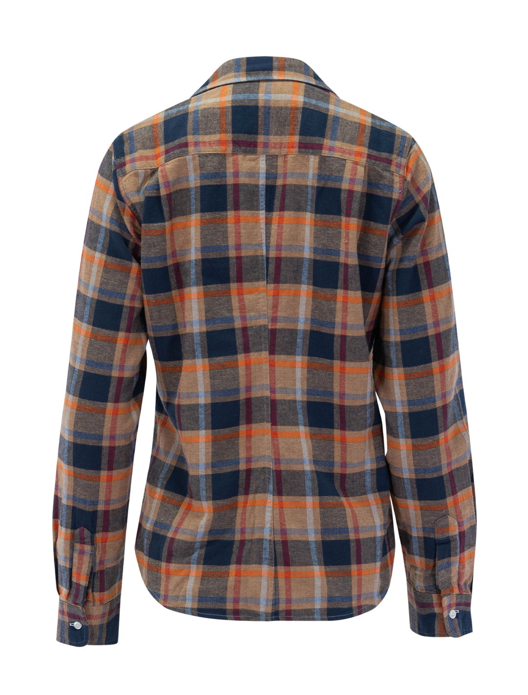 barry in gold, navy, and orange plaid flannel