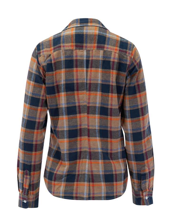 barry in gold, navy, and orange plaid flannel