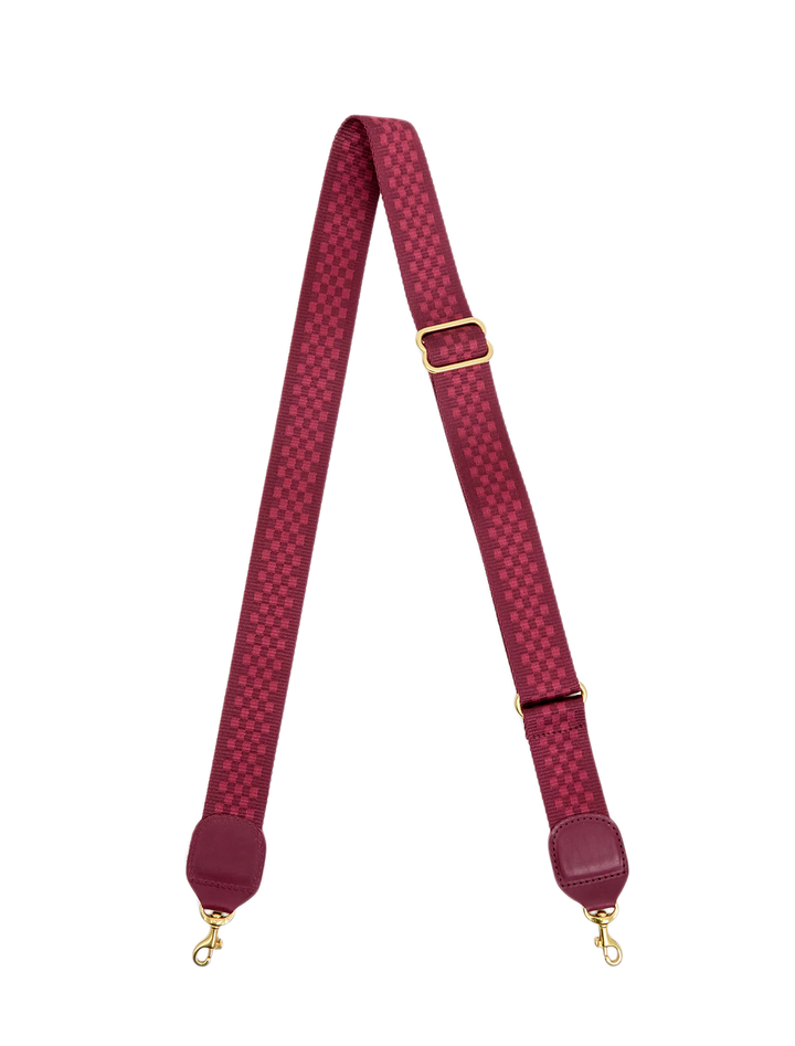 adjustable crossbody strap in plummy checkered