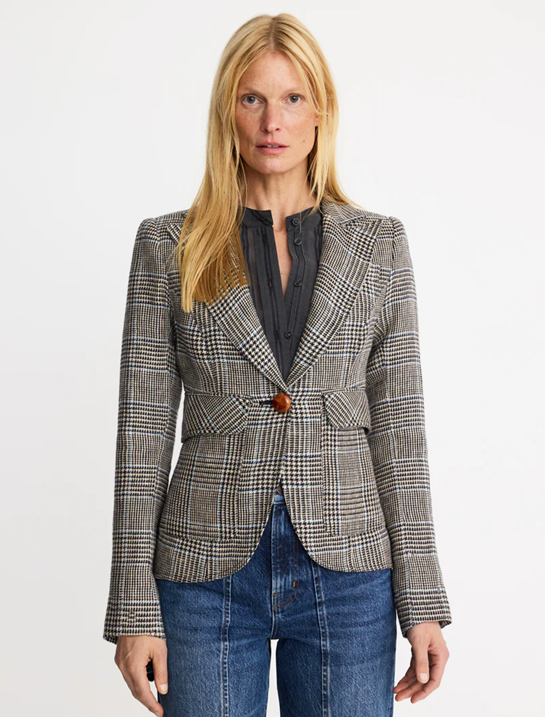 patch pocket one button blazer in classic glen check