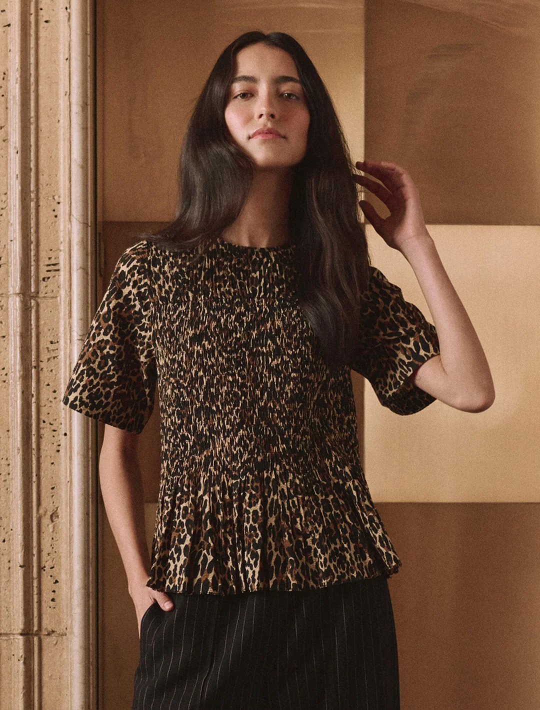 the smocked flounce top in tan leopard