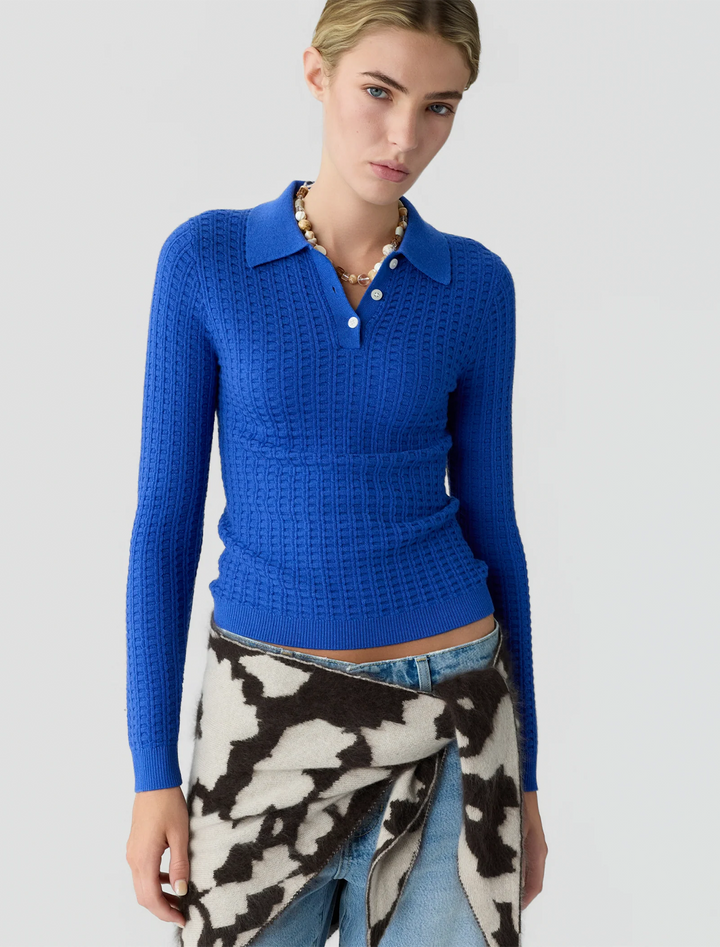 long sleeve shrunken waffle polo in reservoir