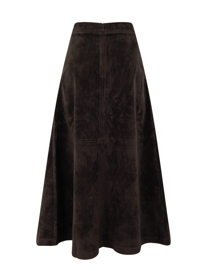 the tavi vegan suede skirt in dark chocolate