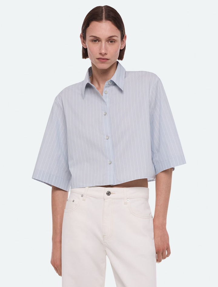crop trench shirt in light blue stripe