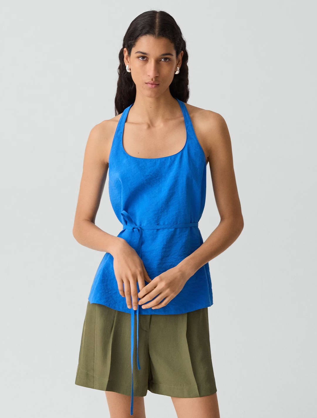 belted halterneck top in jewel blue