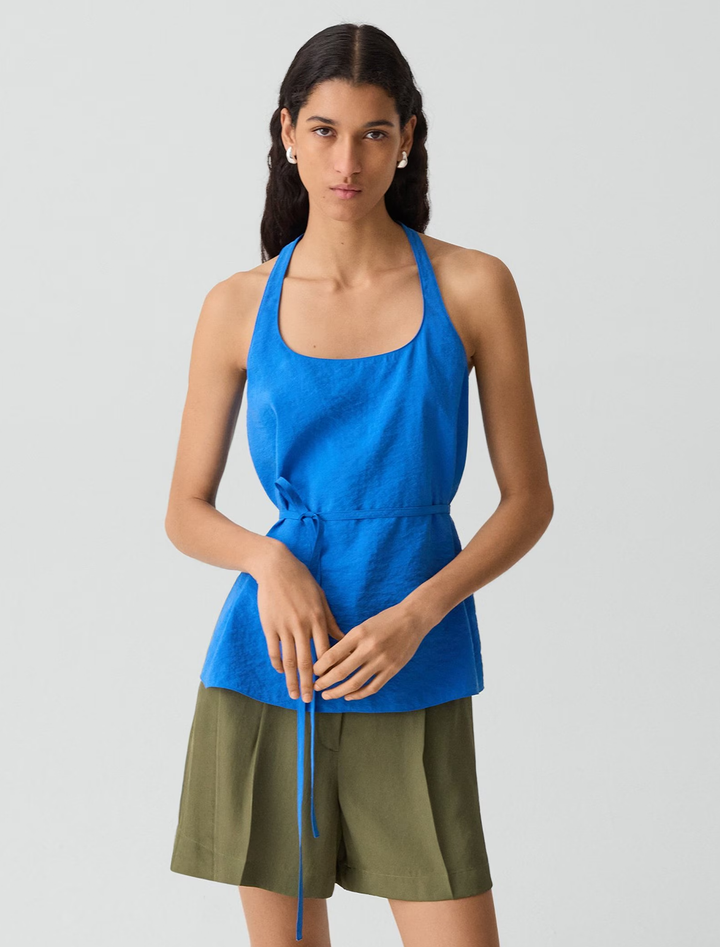belted halterneck top in jewel blue