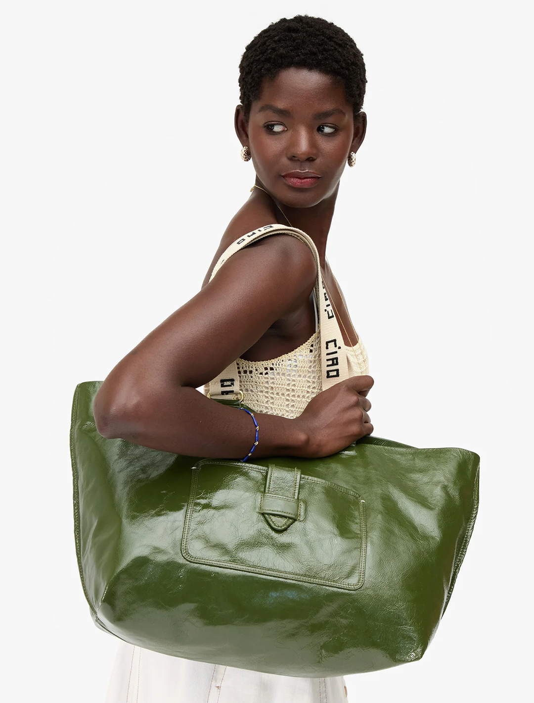 grande bateau tote in army crinkle patent