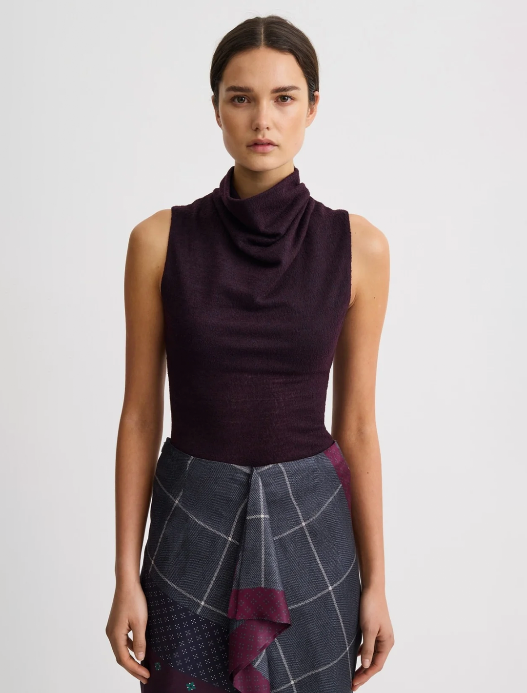 cowl neck knit shell in currant