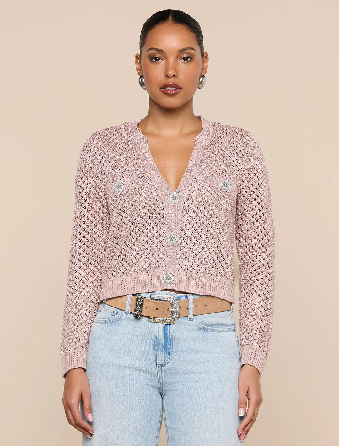blanca sequin cardigan in adobe rose