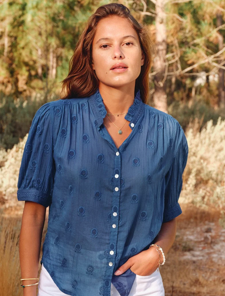 frani embroidered top in cobalt