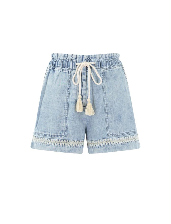 foster short in bleached indigo blanket stitch