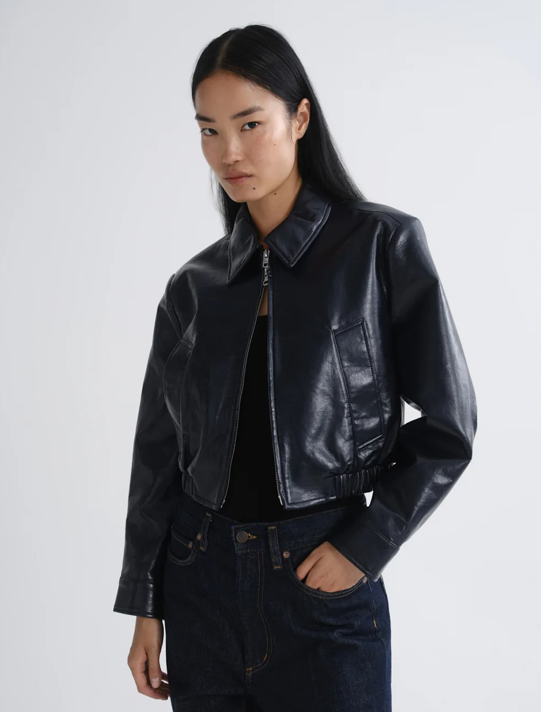 nahla cropped leather jacket in navy