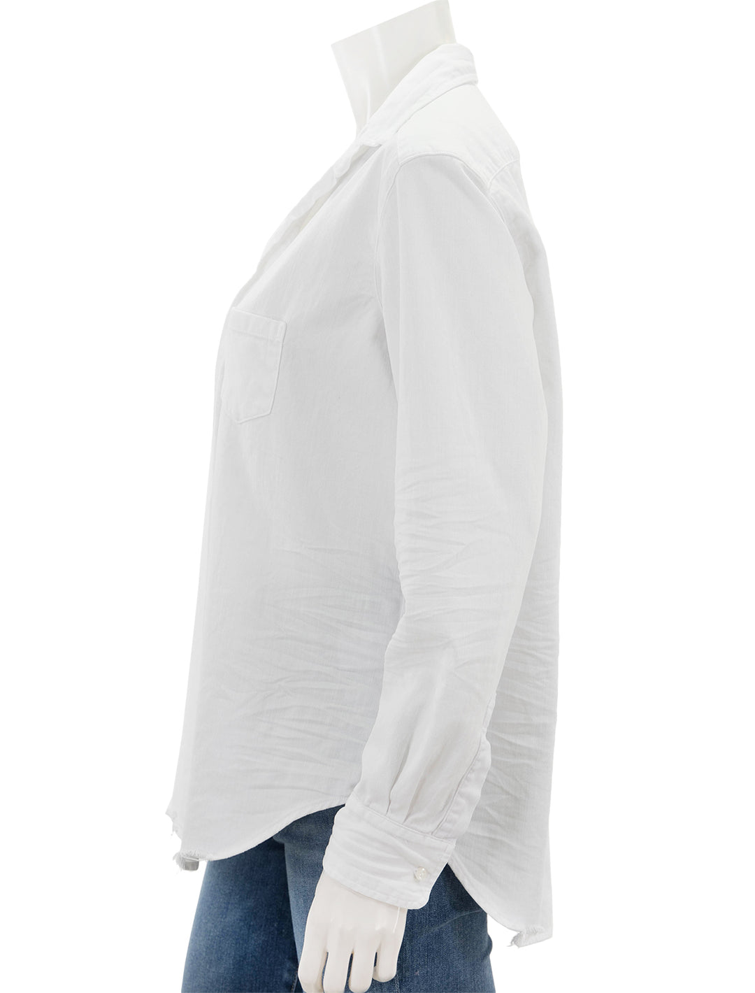 Side view of Frank & Eileen's eileen shirt in distressed white denim.