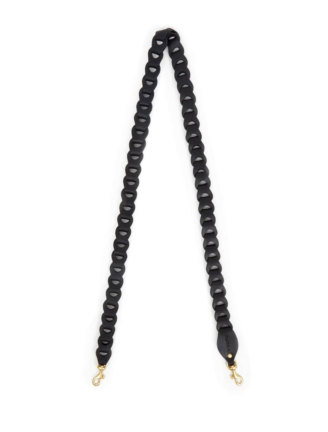 Overhead view of Clare V.'s crossbody link strap in black.