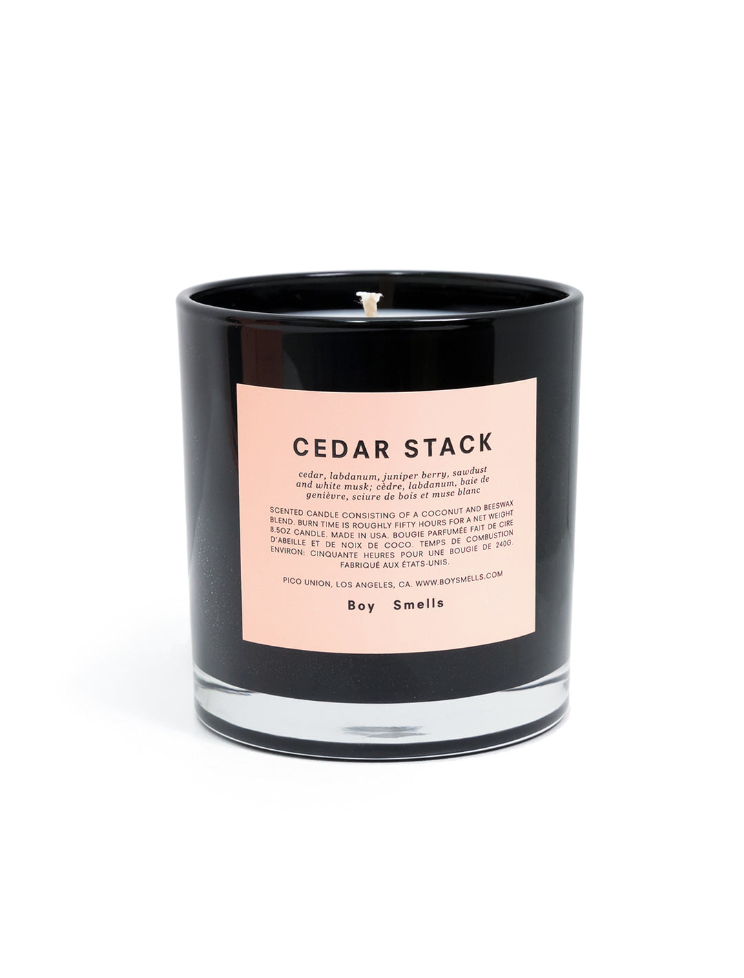 Front view of Boy Smells' Cedar Stack candle.