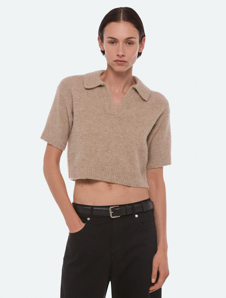 short sleeve wool polo in oatmeal melange