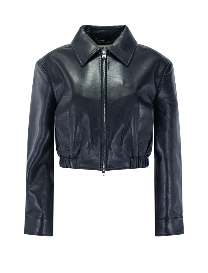 nahla cropped leather jacket in navy