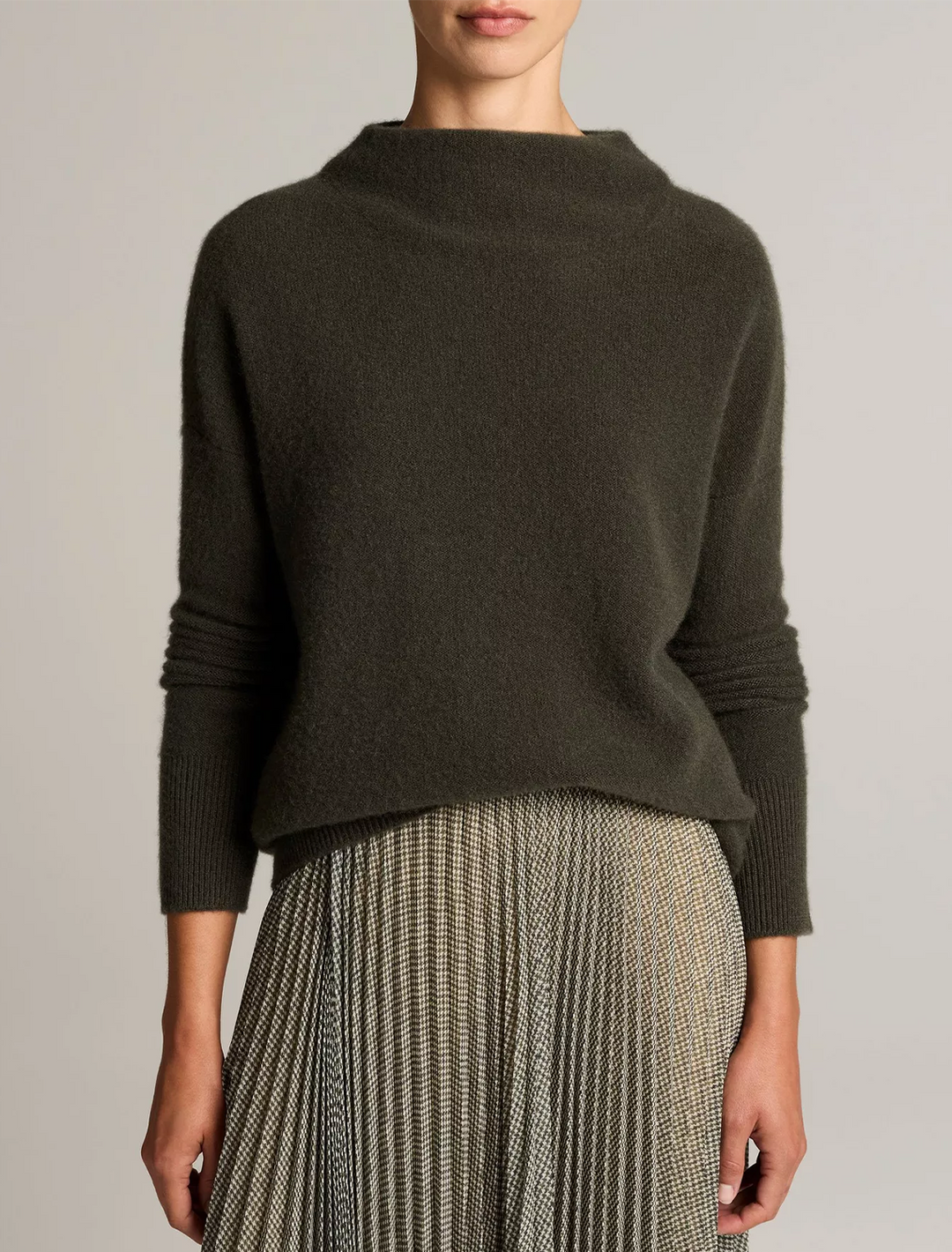 boiled funnel neck pullover in dark moss