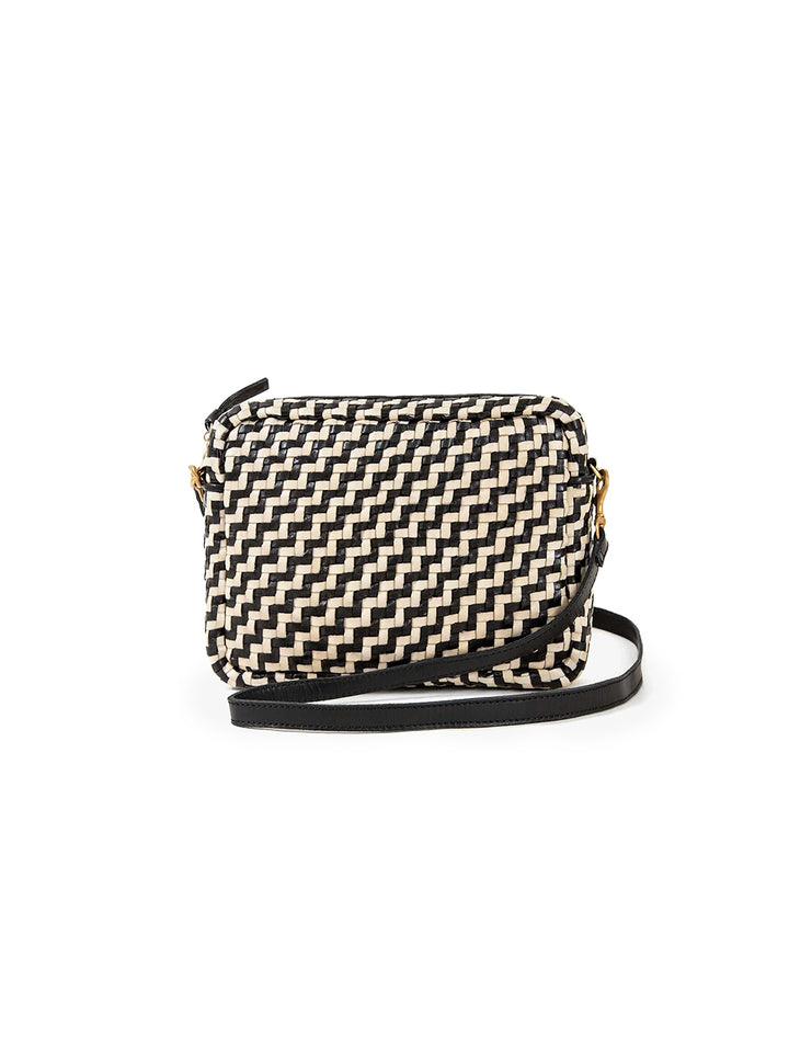 Front view of Clare V.'s woven midi sac in black and cream zig zag.
