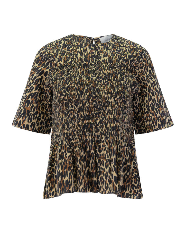 the smocked flounce top in tan leopard