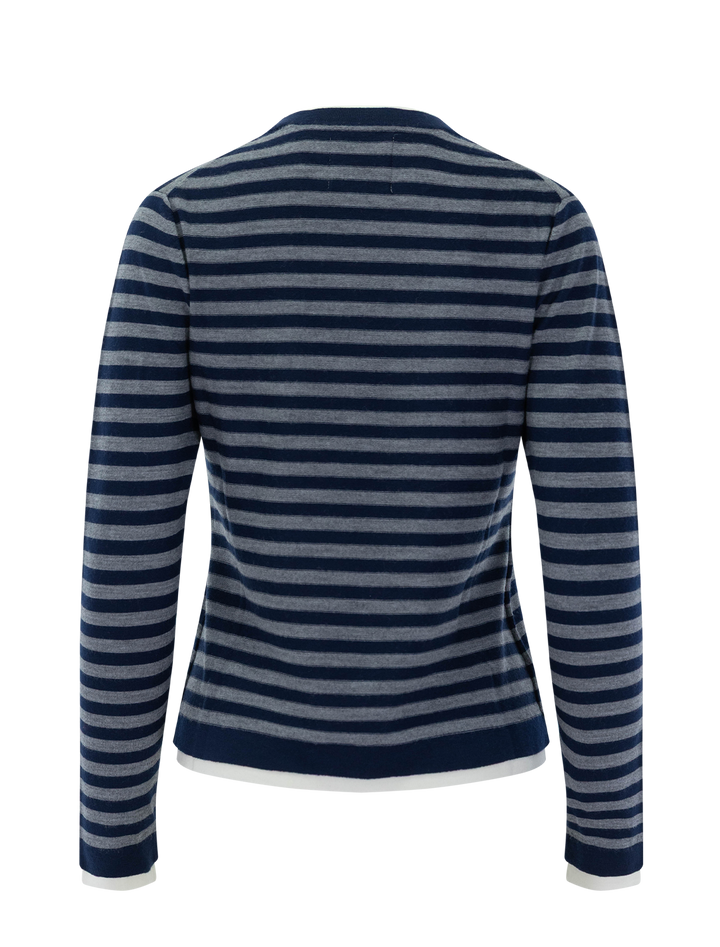 double trim crew in navy and grey stripe