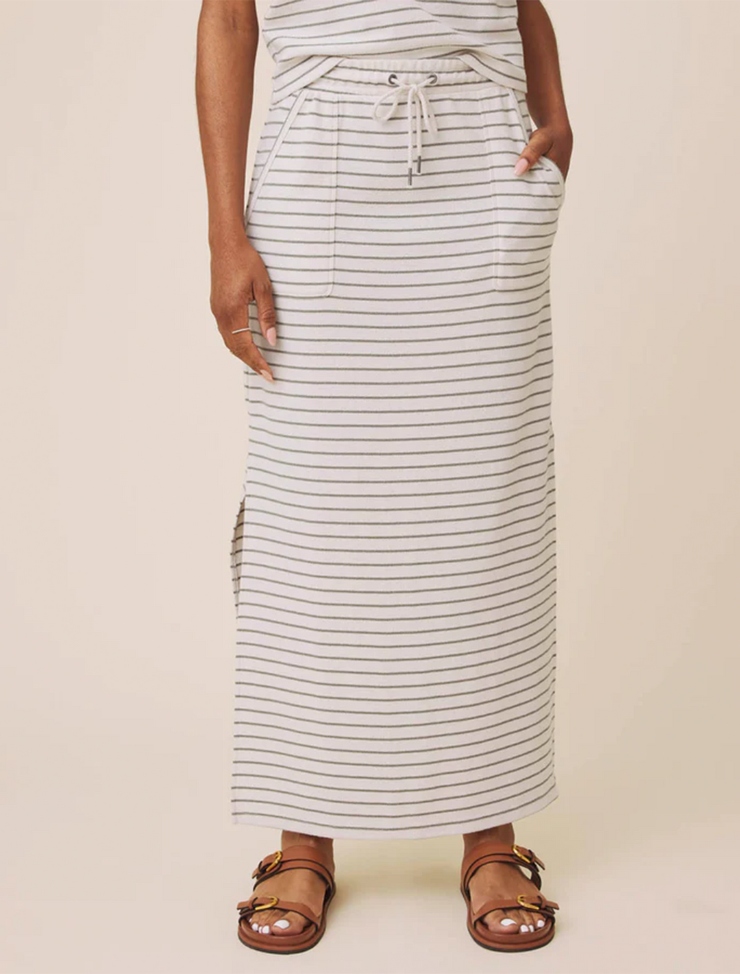 kennedy stripe skirt in pale oak and eucalyptus stripe