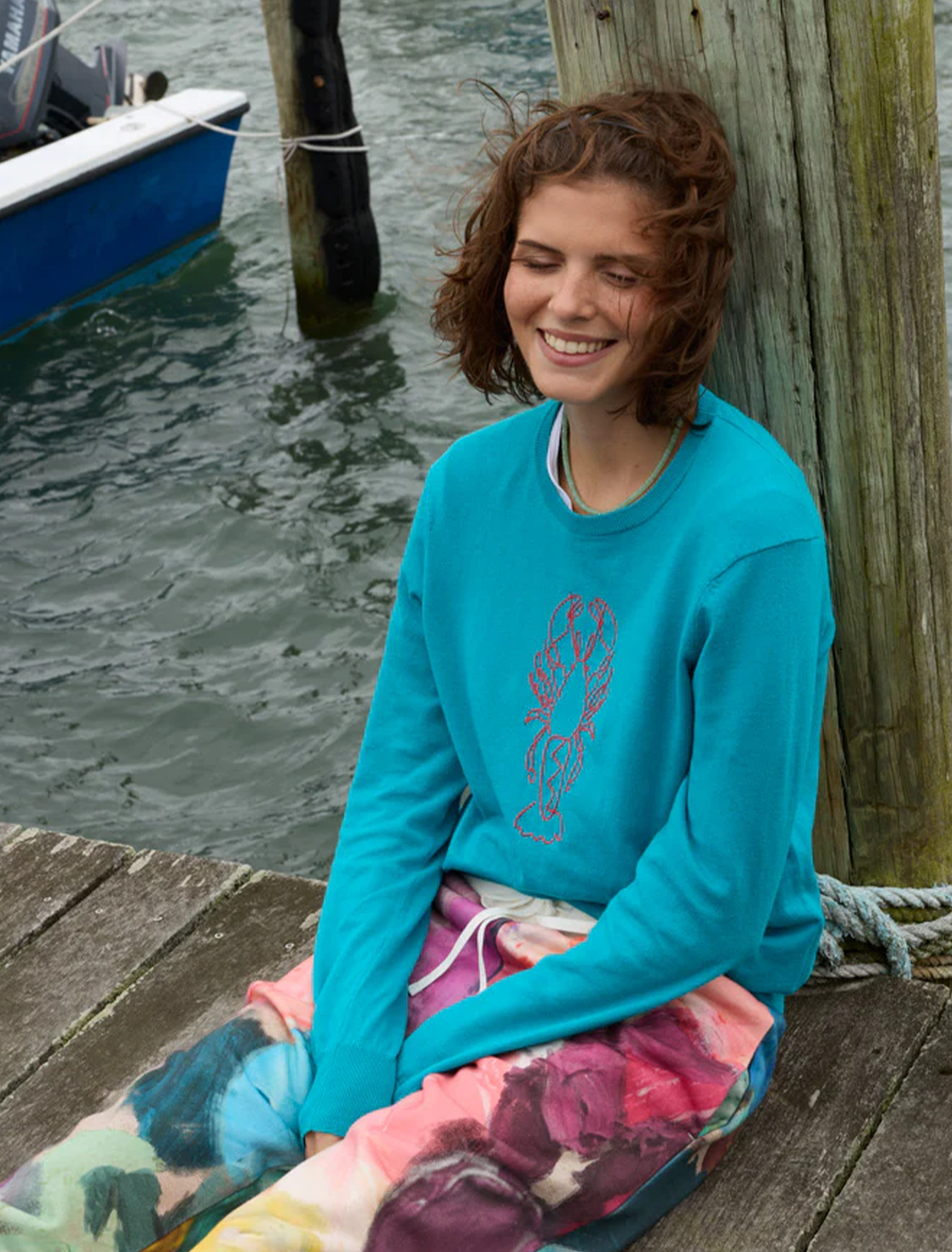 lobster crewneck sweater in teal