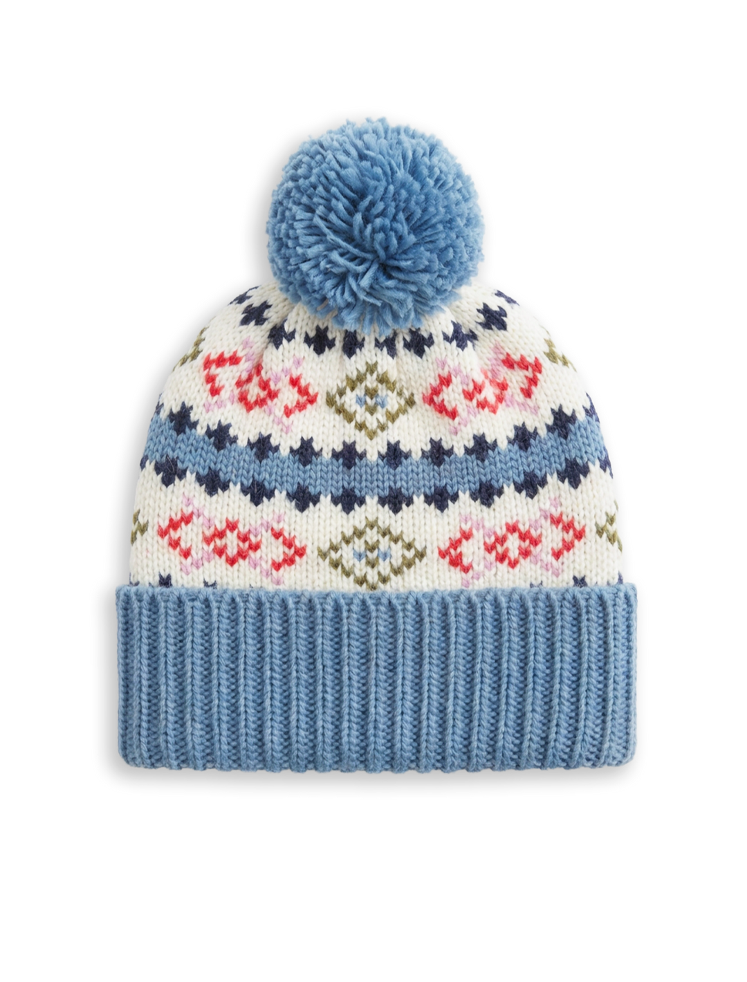 fair isle pom beanie in winter sky