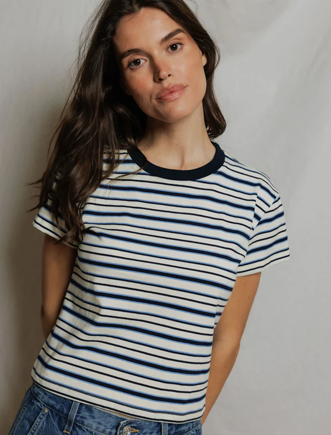 dawn stripe tee in navy pacific