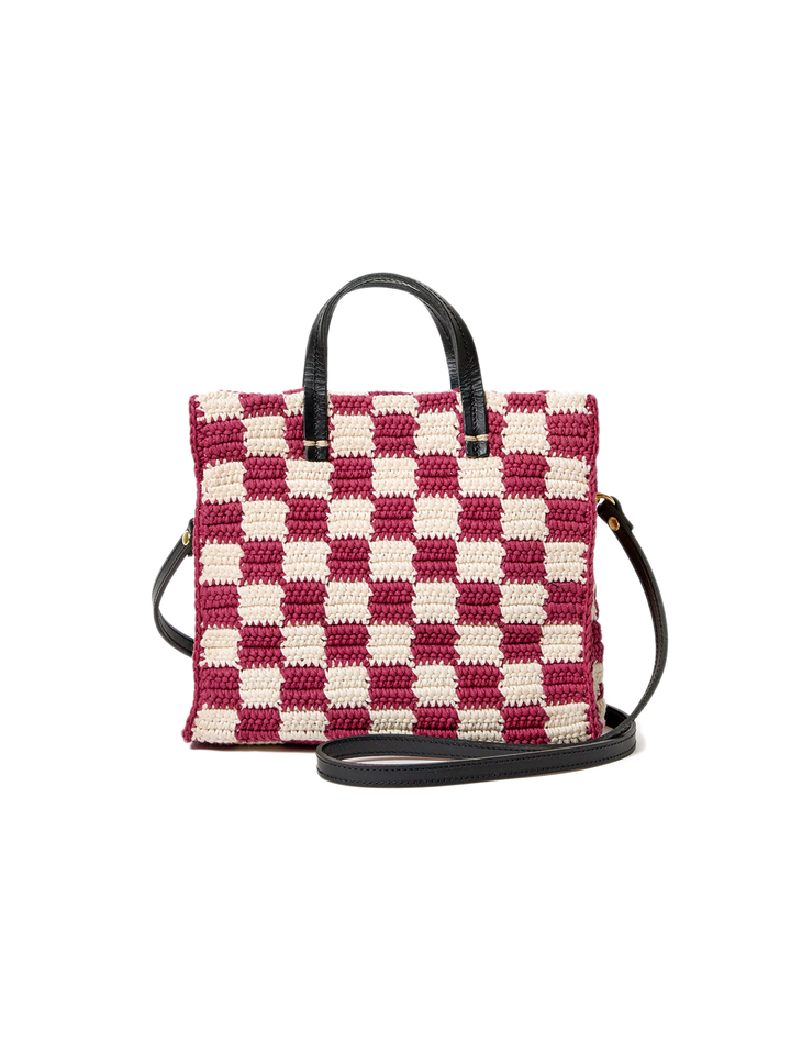 petit summer simple tote in plummy and cream checker