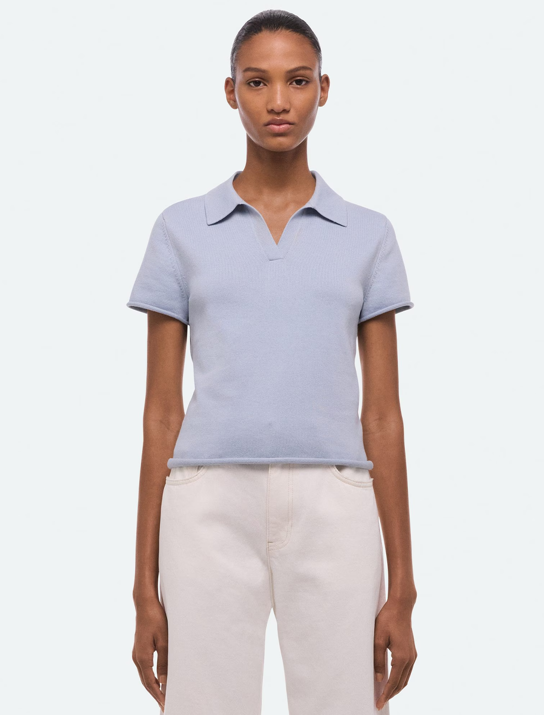 casual shrunken polo in pale blue