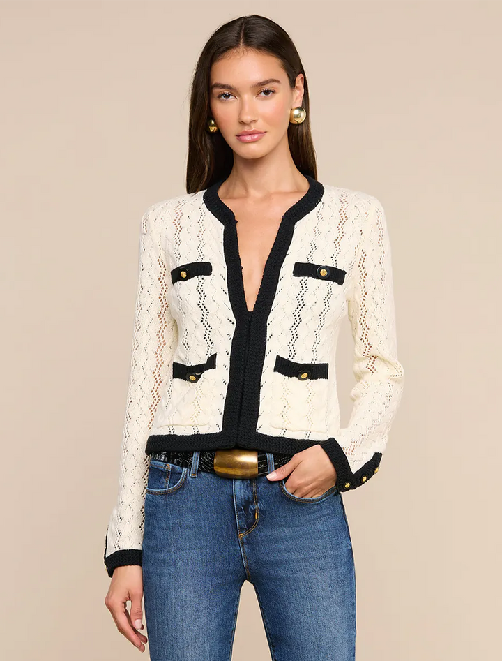 zephyra pointelle cardigan in ivory and black