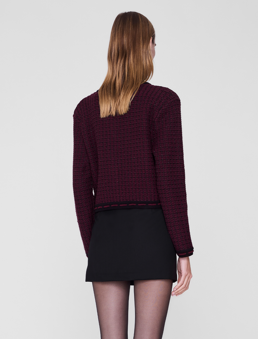 nora tweed cardigan in burgundy