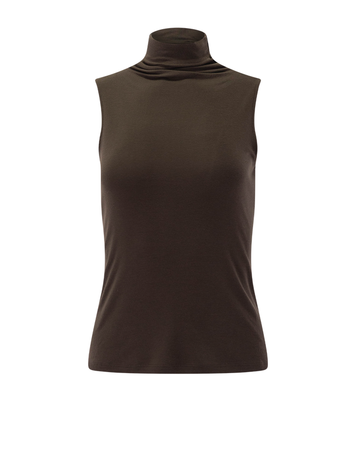 sleeveless turtleneck in smoked truffle