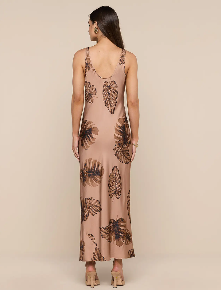 akiya satin maxi dress in hazelnut palms