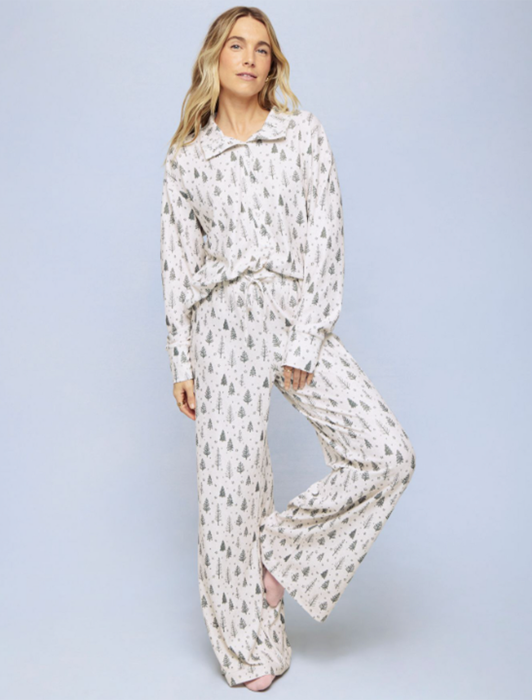 waffle thermal henley pj set in white fir trees